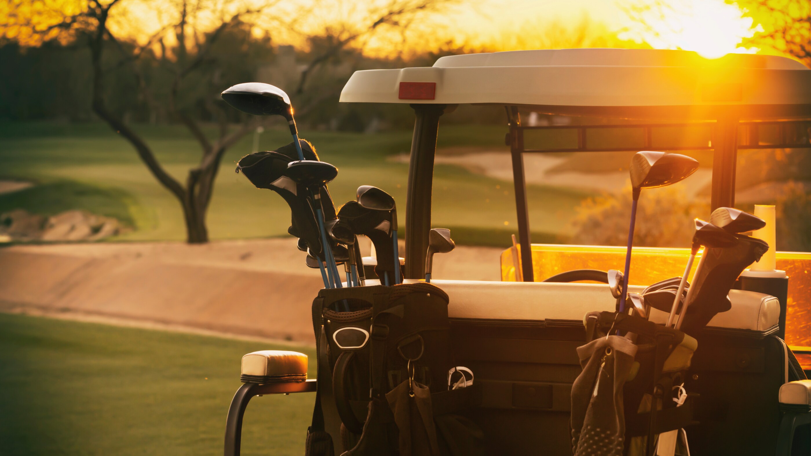 Golf cart overlooking gold course